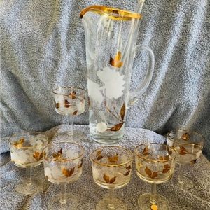 Vintage MCM Cocktail Pitcher, Glass Stirrer, & 5 Glasses, Gold Frosted Leaves